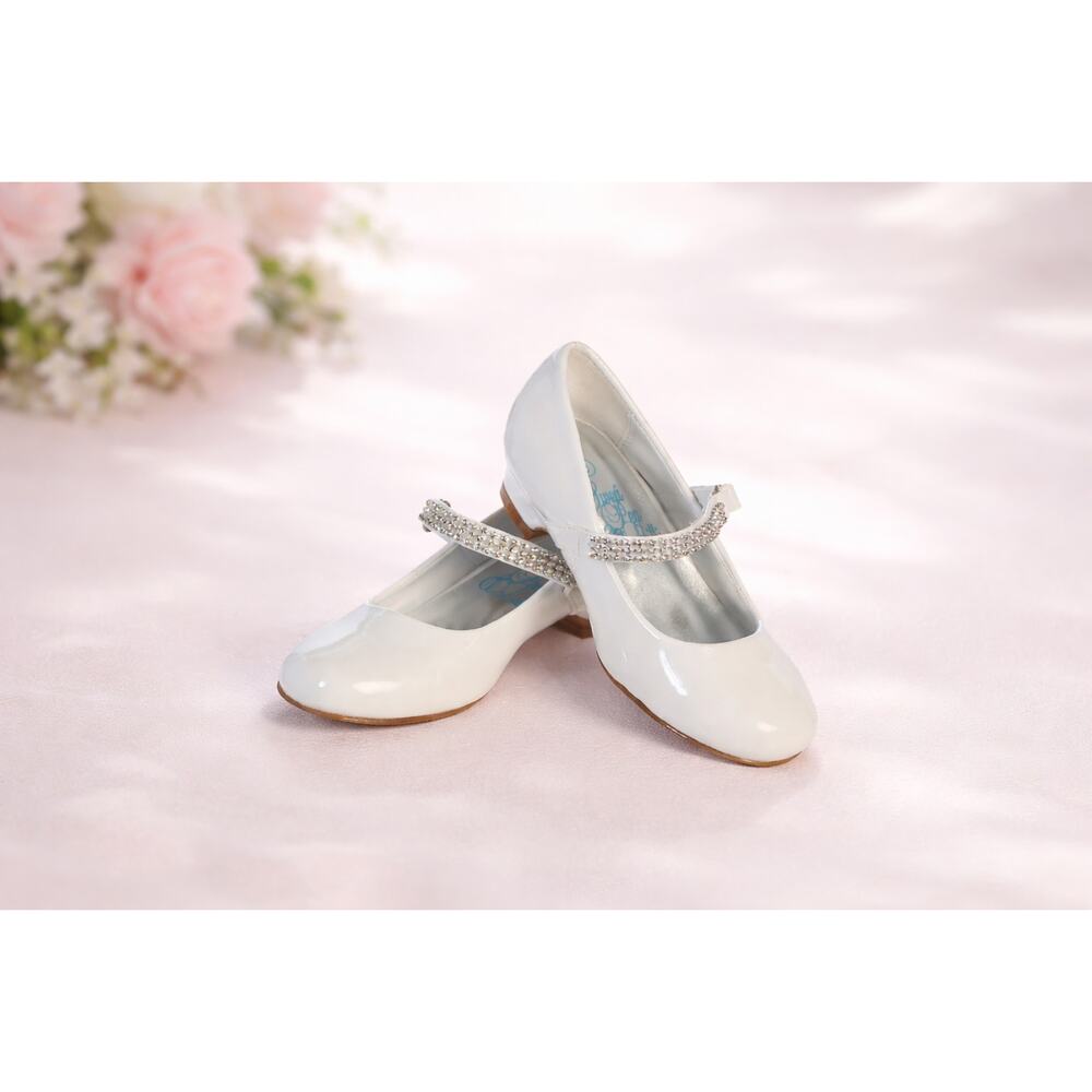 NEW Girl's Communion Dress Shoe - White/Patent 1" Heel Rhinestone Strap-Size 2